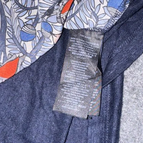 Tory Burch Silk Front Linen Top Bird Print Short Sleeve Blue Graphic Blouse L - Picture 5 of 8